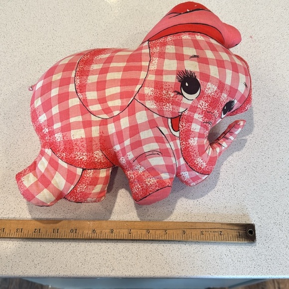 Rare Vintage handmade elephant pillow Gingham Pink Plaid with hat - Picture 8 of 9